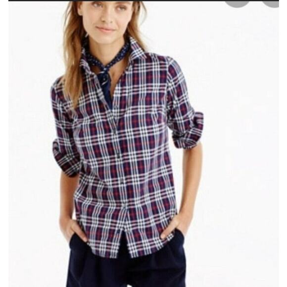 J. Crew Tops - J CREW Womens Perfect Fit Shirt Navy Blue Red Tartan Plaid Button Up Top sz 4